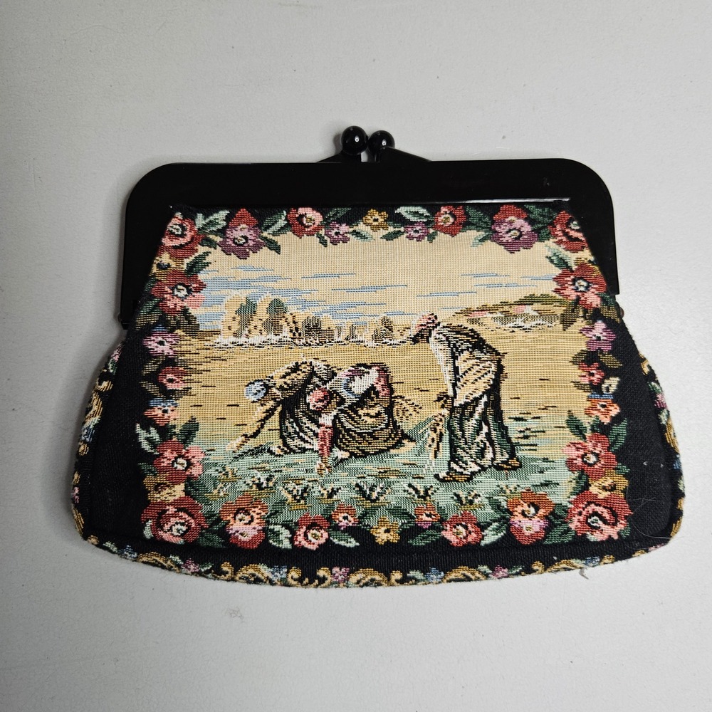 Vintage Walborg Tapestry Clutch Bag Floral Pastoral Scene Kiss Lock Japan - Picture 2 of 8